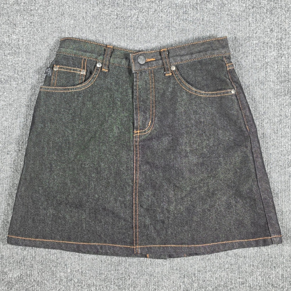 Baby Phat Jeans Vintage Y2K Dark Wash Denim Mini Skirt Orange Stitching Size 3